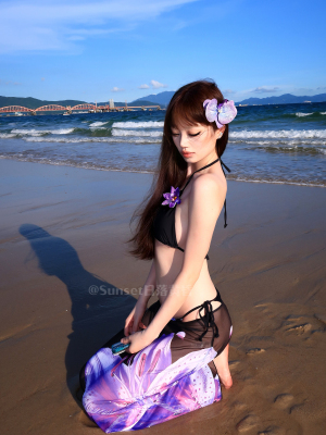 Sunset日落黄昏泳装泰国甜百合紫色印花比基尼裹裙三件套辣妹度假