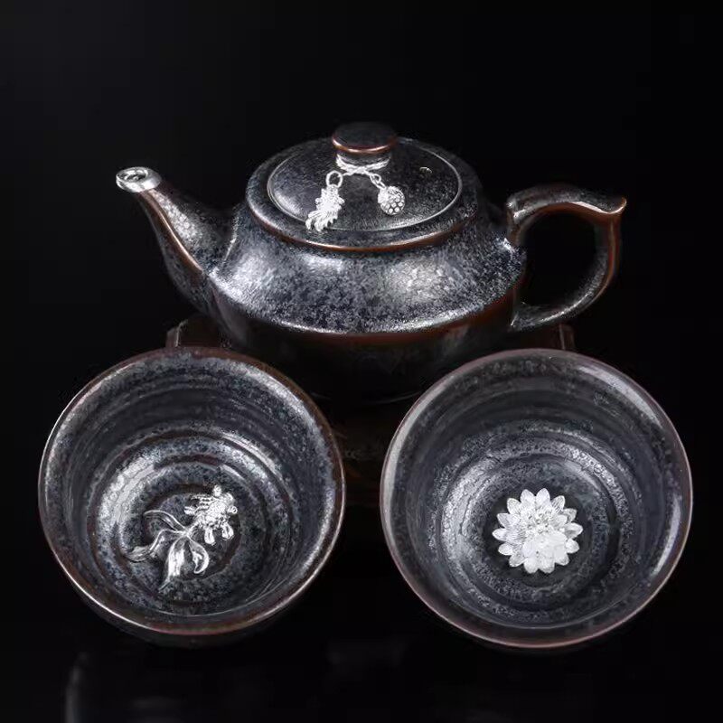 甲盏窑 李甲栈天目银瓷茶具七彩盏陶瓷茶杯功夫套装送礼