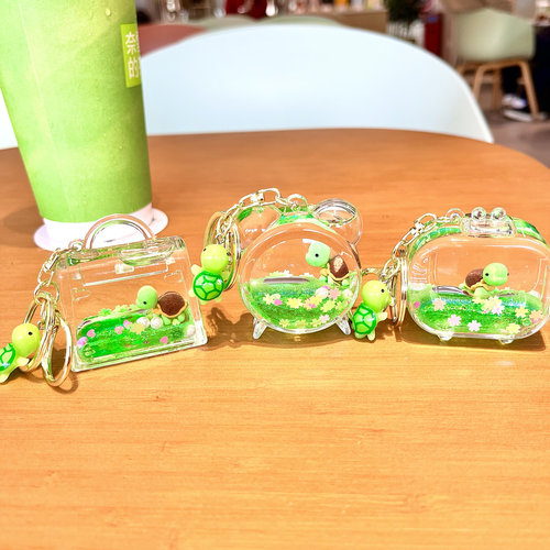 创意夏日海洋乌龟入油流沙液体漂浮钥匙扣趣味精致背包汽车小挂件