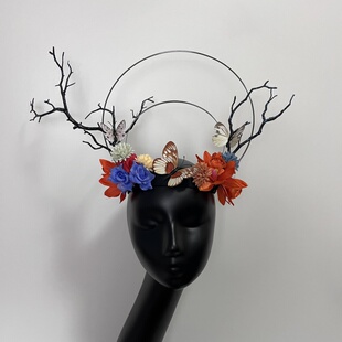 手作森系枯枝花朵蝴蝶发饰派对聚会舞台演出走秀彩妆造型创意头饰