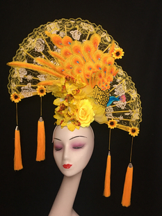 新款中国风夸张扇子流苏舞台走秀大气奢华个性创意妆彩妆造型头饰