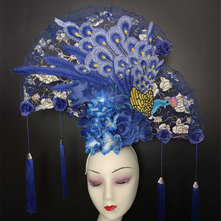 女模特原创手作古典中国风蓝色刺绣扇子头饰舞台走秀影楼创意造型