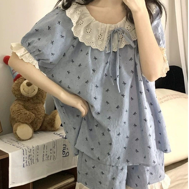 U潮云朵棉睡衣女款2025新款甜美蕾丝花边短袖短裤两件套休闲