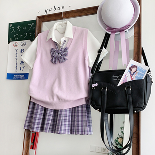 原创jk制服【小紫沫】学院风短裙西装女背心马甲格裙收腰衬衫套装