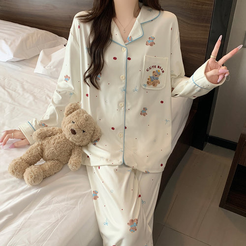 德绒家居服套装春秋冬季新款可爱小熊刺绣波点开衫发热保暖睡衣女