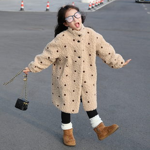 女童毛毛外套豹点羊羔毛中长款2025冬棉服环保仿皮草皮毛一体大衣
