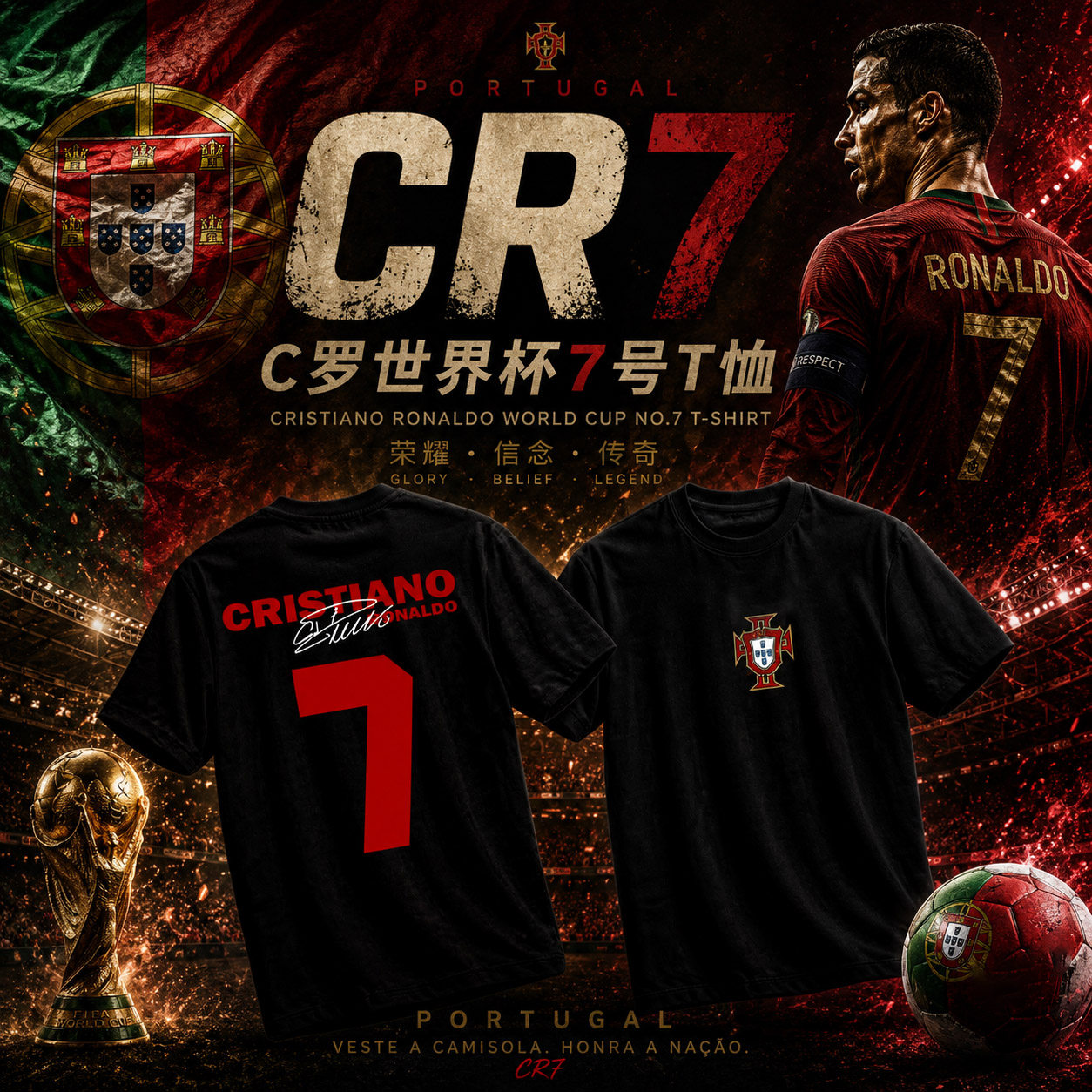 C罗世界杯葡萄牙队CR7短袖T恤 棉7号潮牌美式复古球迷粉丝