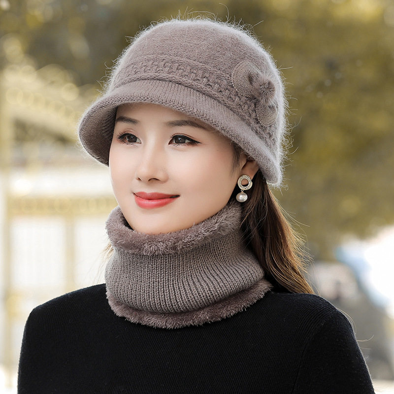 秋冬季加绒帽子围脖两件套奶奶针织毛线帽妈妈老年人女士中年花朵