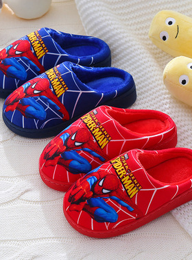 蜘蛛侠儿童棉拖鞋亲子一家四口三口中大童室内防滑毛毛外穿秋冬季