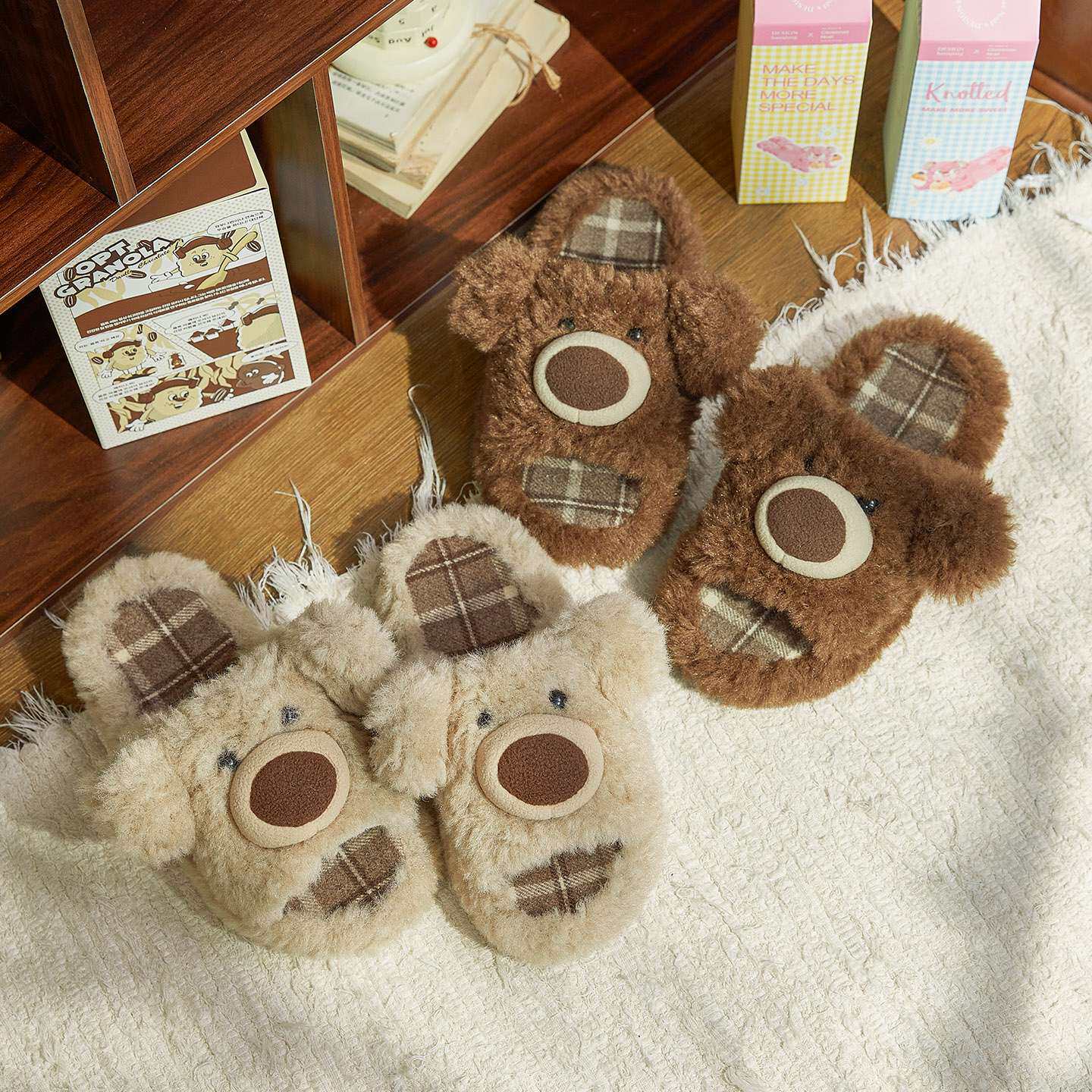 露脚趾情侣韩式棉拖鞋小熊毛毛拖鞋ins秋冬可爱家居厚底男女同款