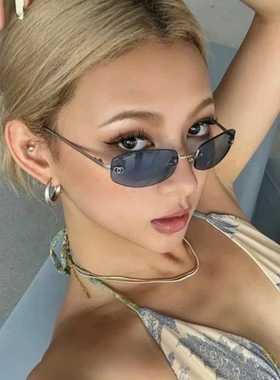 Jennie同款墨镜女y2k欧美风小框蓝色无框中古太阳镜时尚INS辣妹风