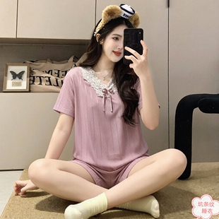 宽松加大码 韩版 女士短袖 短裤 带胸垫睡衣女夏季 V领家居服套装 薄款
