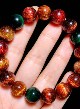 天然彩发晶手链绿发晶金发晶红发水晶铜发晶顺发满发猫眼石手串