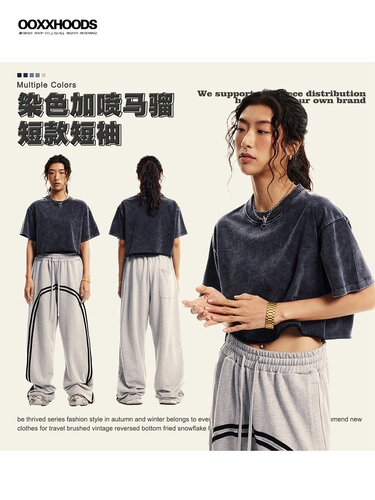 BM风女装欧美潮牌辣妹新款圆领做旧水洗磨毛短袖T恤短款露脐运动