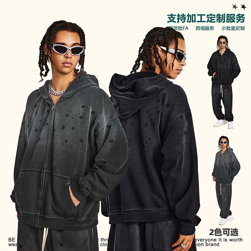 2025早春原创个性美潮牌重工喷马骝泼墨卫衣开衫外套运动休闲套装