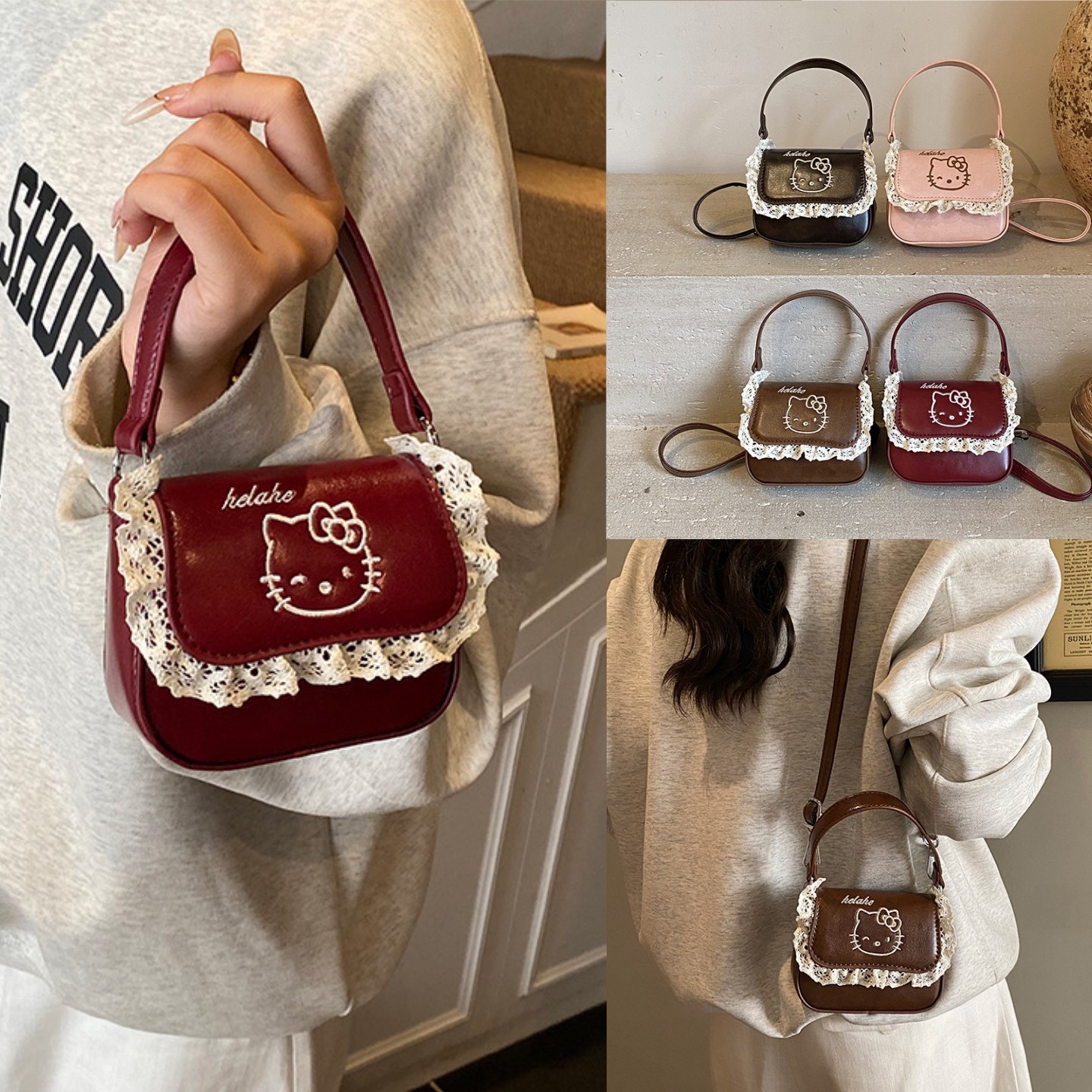 儿童包可爱小猫咪斜挎包女孩子时尚洋气女童手提包甜美蕾丝单肩包