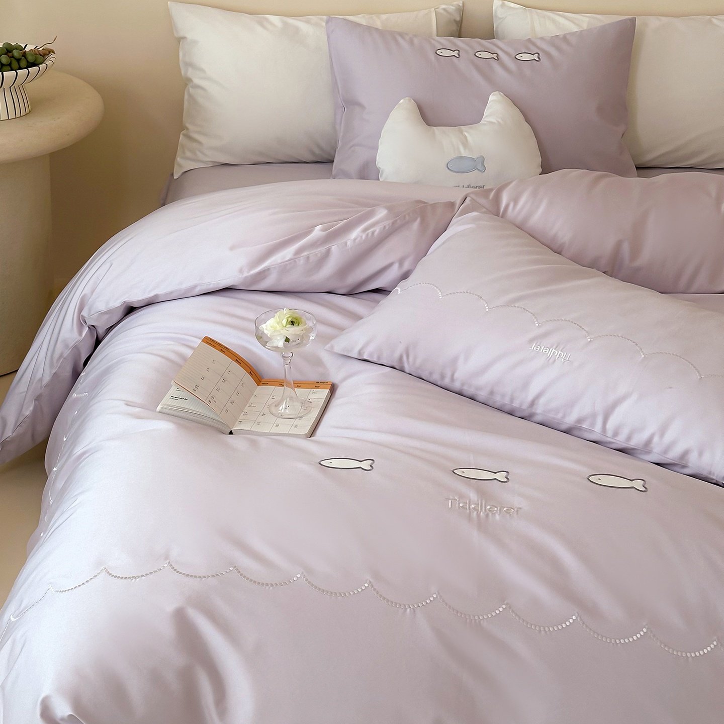 奶油ins风100长绒棉儿童四件套紫色床单刺绣纯棉被套裸睡透气床品,床上用品,床品套件/四件套/多件套,淘宝优惠券,粉丝福利购,淘宝优惠卷