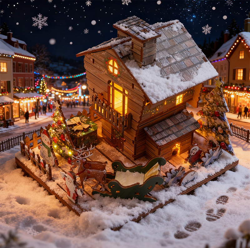 儿童手工拼装圣诞节装饰小屋火车模型场景3D木质拼图玩具圣诞礼物