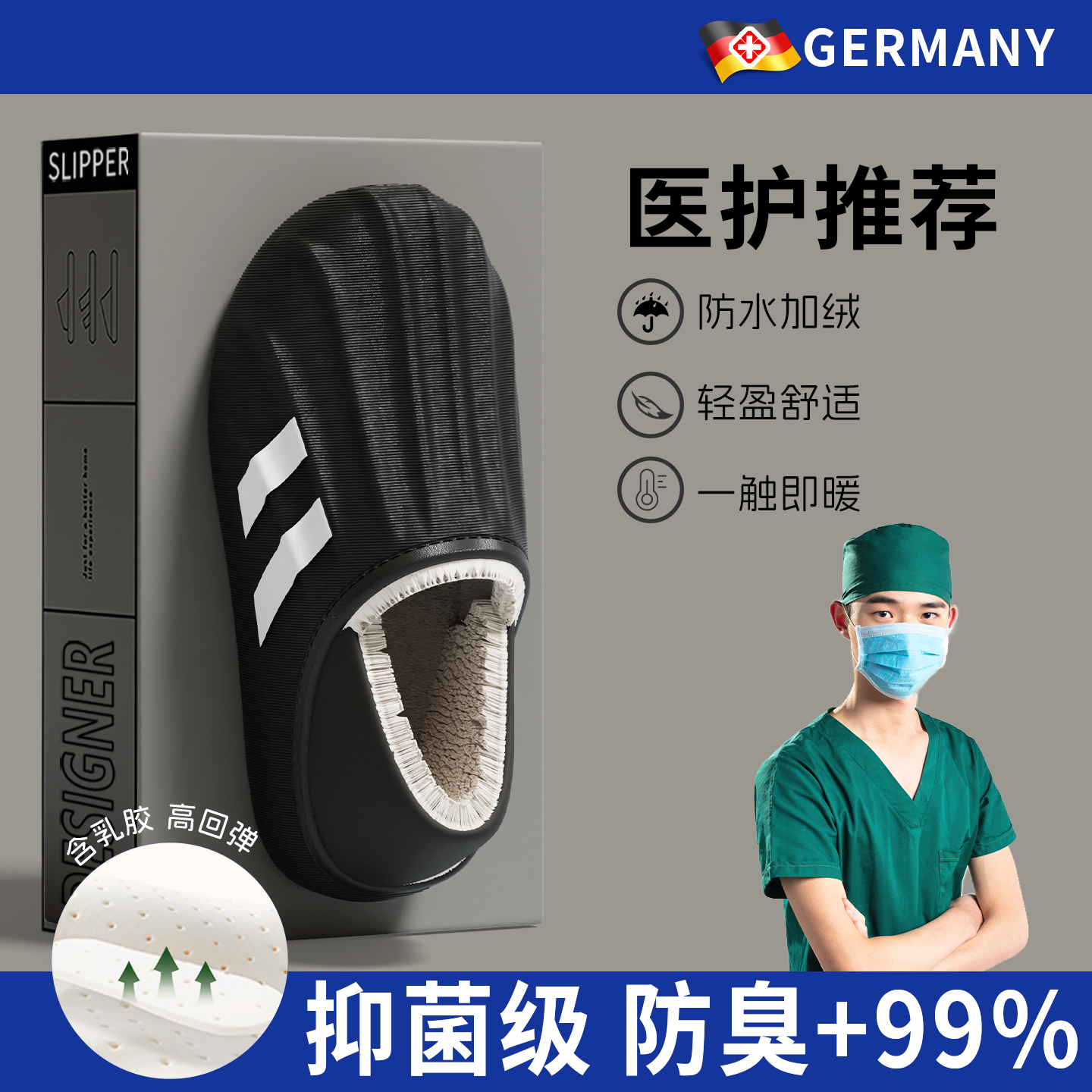 【防臭抑菌】德国医护级棉拖男