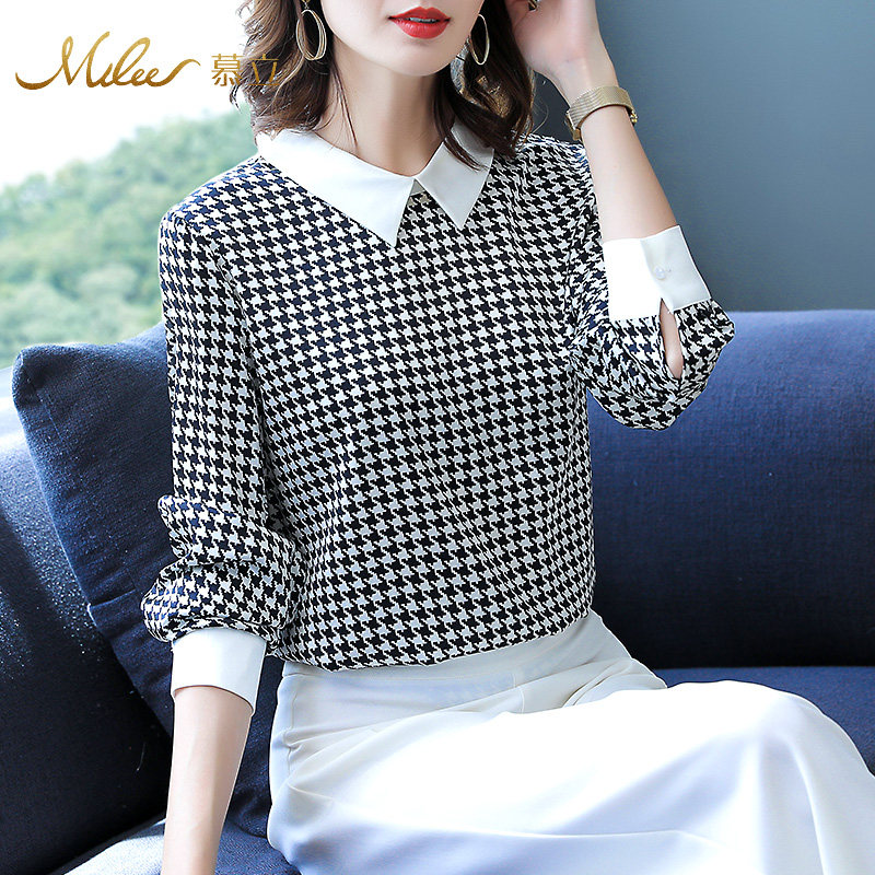 Mulee/慕立2020新款桑蚕丝大码女士衬衫时尚千鸟格显瘦秋上衣长袖