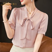 通勤时尚 Mulee 桑蚕丝 短袖 女士衬衫 慕立2024新款 领结真丝百搭大码