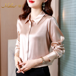 Mulee/慕立春新款重磅真丝纯色长袖女士衬衫POLO领桑蚕丝气质上衣