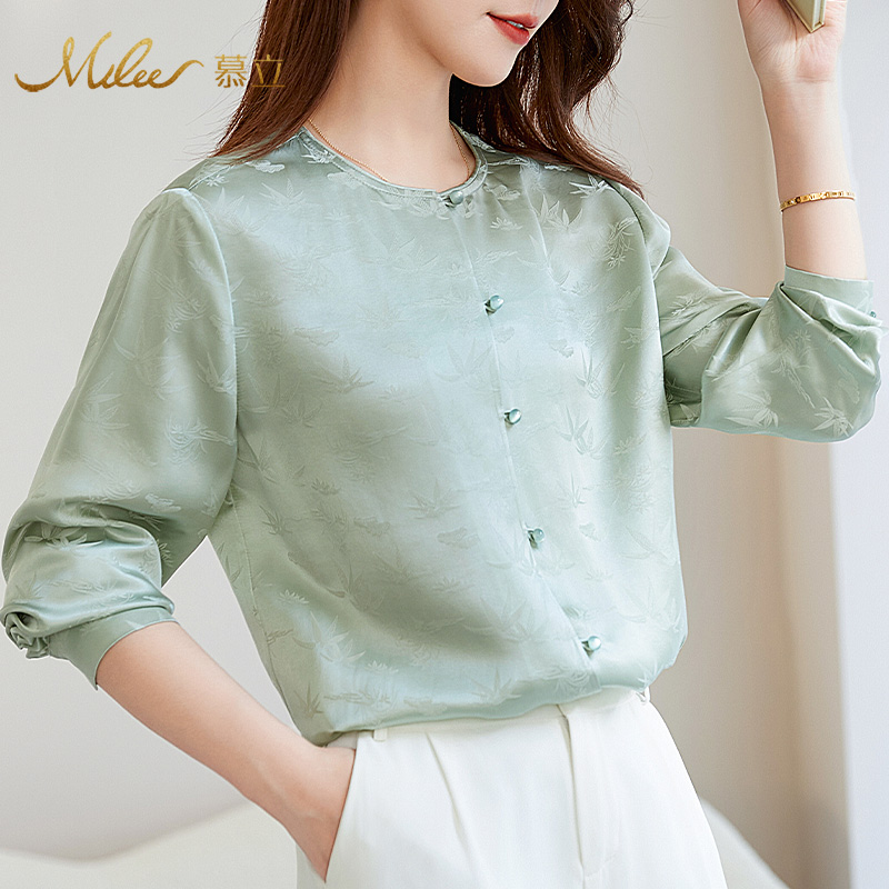 Mulee/慕立夏季新款桑蚕丝衬衫女士真丝休闲百搭圆领显瘦长袖上衣