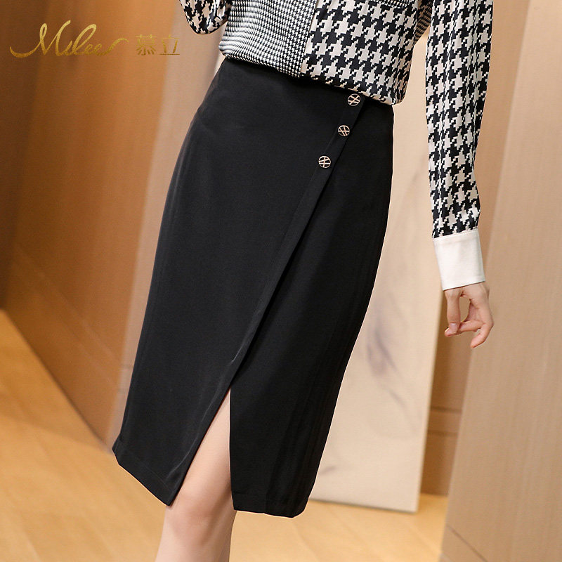Mulee/慕立桑蚕丝黑色半身裙女士通勤大码修身开衩真丝包臀裙子|ruв категории Женская одежда, юбка - от Buy2taobao.com для оказания профессиональной услуги покупки агента Taobao