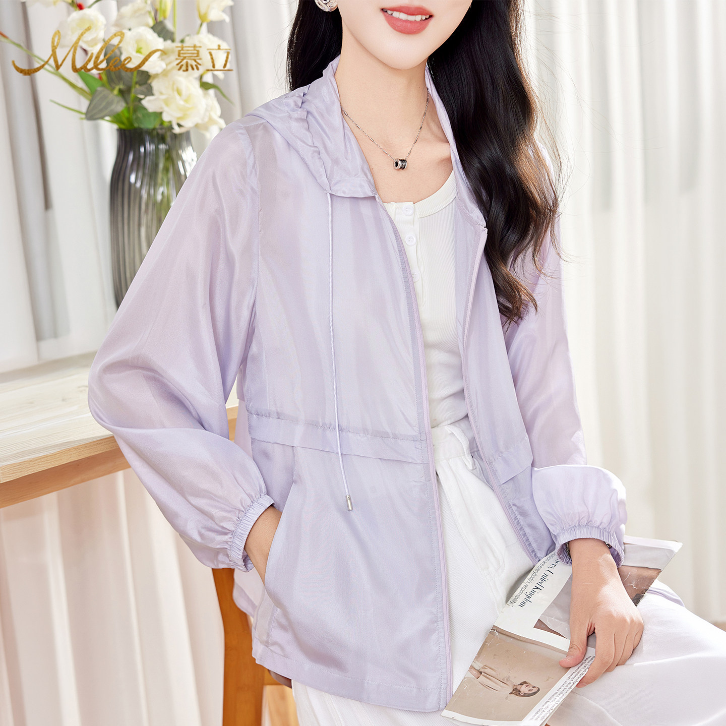 Mulee/慕立轻薄外套女士春夏连帽桑蚕丝休闲宽松薄款开衫真丝上衣