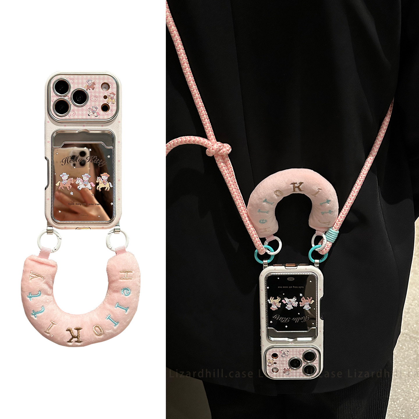 lizardhill 镜面超可爱kt骑马适用苹果17promax手机壳新款iphone16pro女15pro斜挎可调节背带挂绳14全包防摔