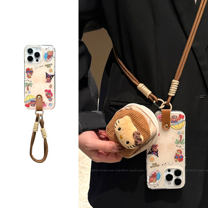 lizardhill 夏日沙滩创意kt猫适用苹果16手机壳新款iphone15promax女14pro可斜挎背带挂绳13零钱包小众独特套