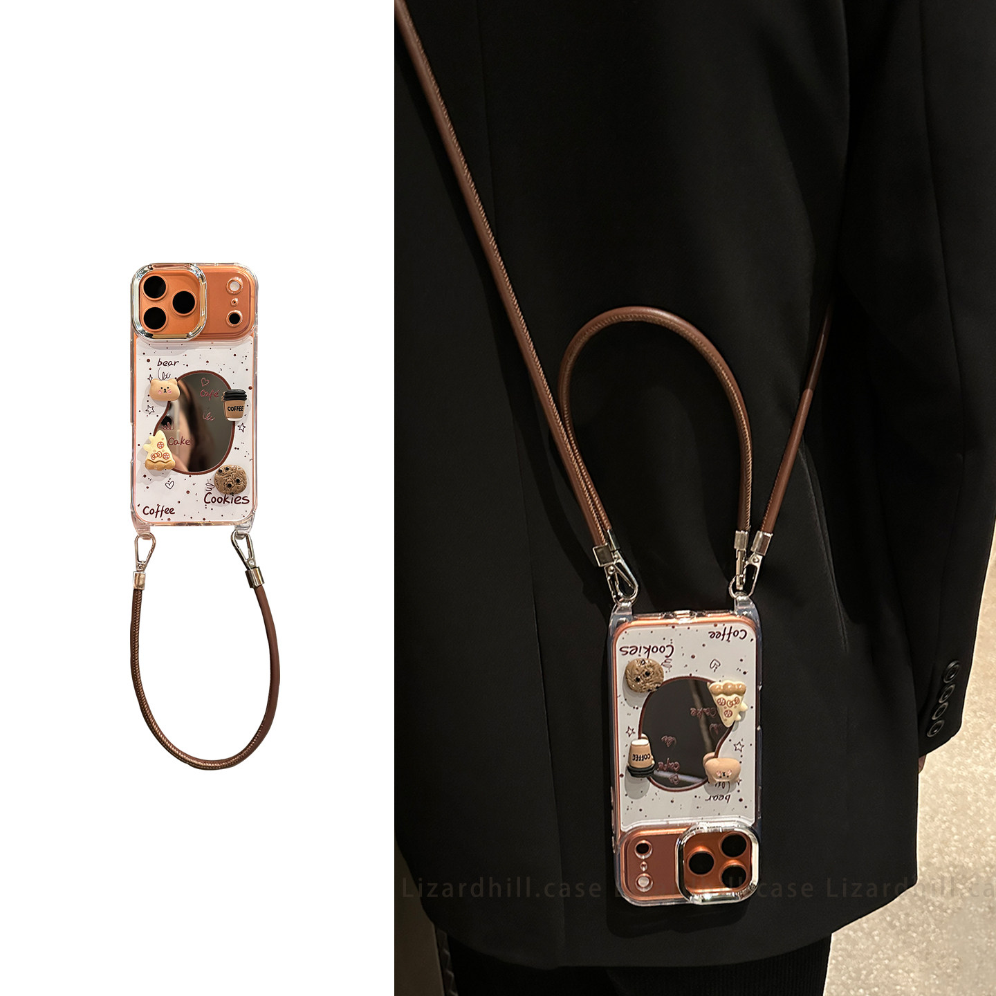 lizardhill 镜面立体小熊饼干适用苹果17promax手机壳女16pro新款iphone15斜挎可背带挂绳14pro超好看13小众