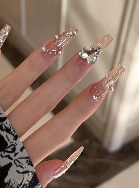 小红书爆款穿戴甲长款纯欲in冰透爱心飘带穿戴式指甲片美甲甲片