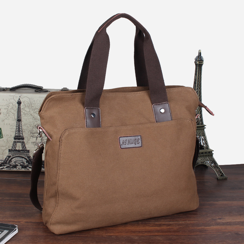 帆布英伦休闲男包横款商务手提包复古公文包男士单肩斜跨电脑包潮