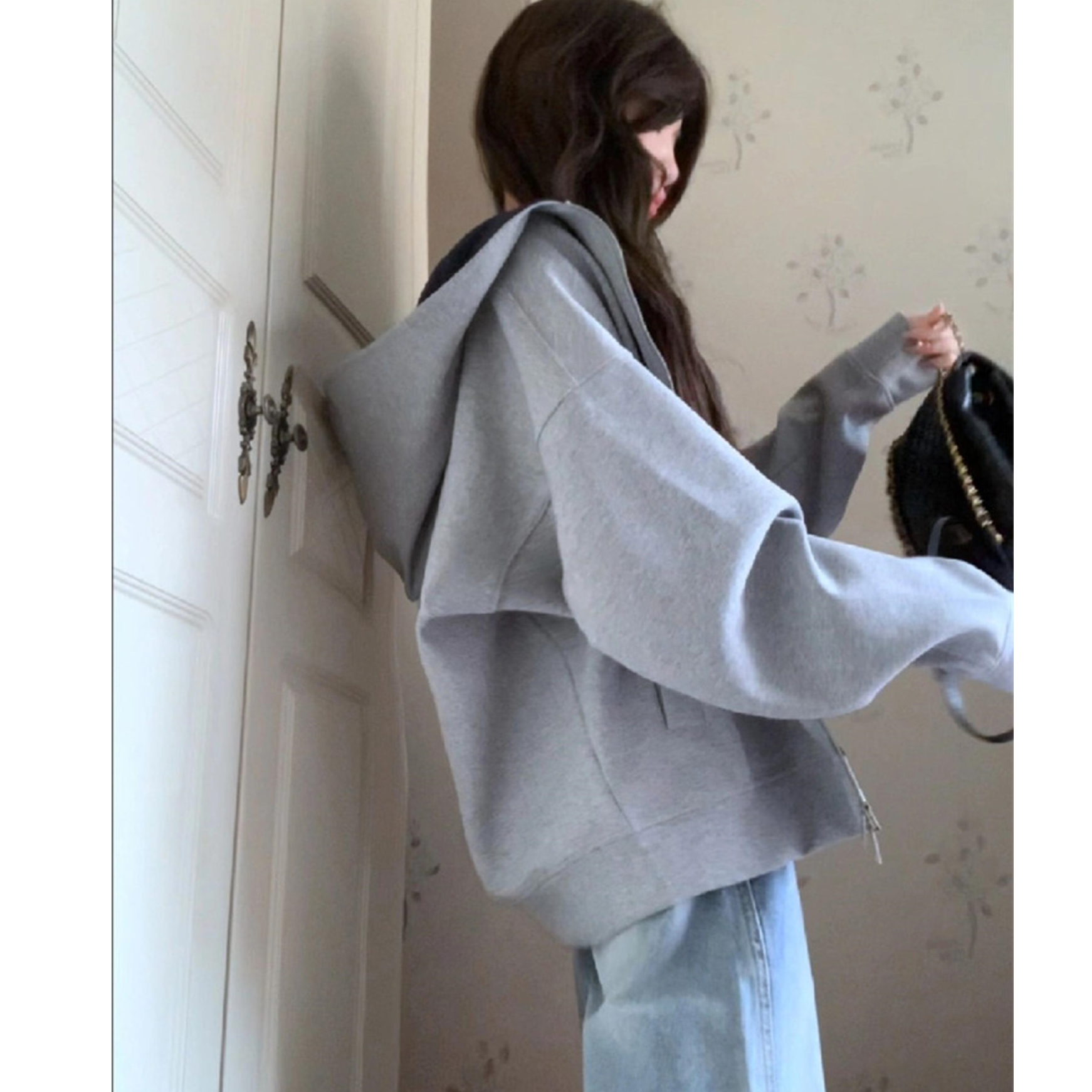 大码胖mm慵懒风大帽子纯色加绒外套女2025秋冬款简约风拉链卫衣潮