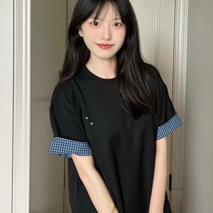 复古蓝色格子拼接圆领短袖 美式 T恤女宽松设计感纯棉百搭休闲上衣