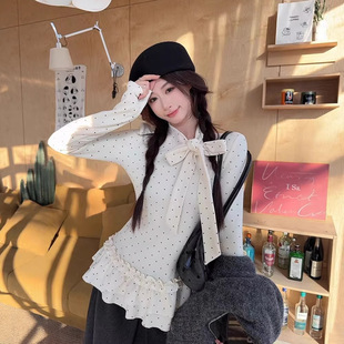 甜美风波点绑带荷花边内搭打底衫女2026春秋修身显瘦长袖内搭上衣