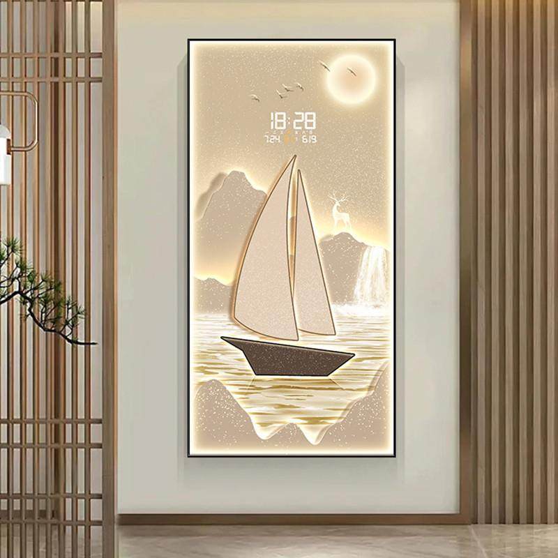 玄关装饰画一帆风顺创意时钟壁灯客厅过道走廊挂画人体感应挂钟表