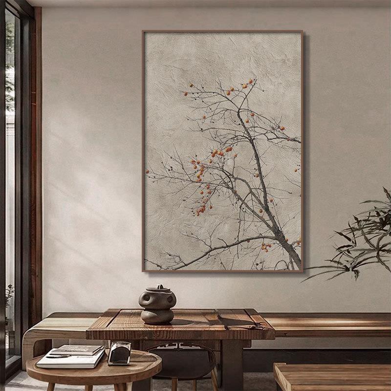 中式禅意茶室挂画茶台柿柿如意装饰画书房民宿酒店壁画侘寂中古风图片