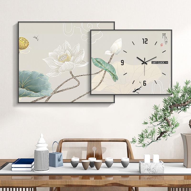 创意荷花时钟双拼画新中式餐厅装饰画钟表挂钟客厅饭桌背景墙画图片