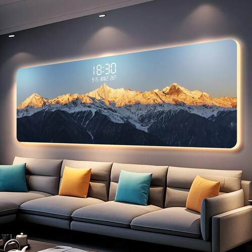 2025新款客厅沙发背景墙装饰画现代简约壁画高级感横板带钟表挂画