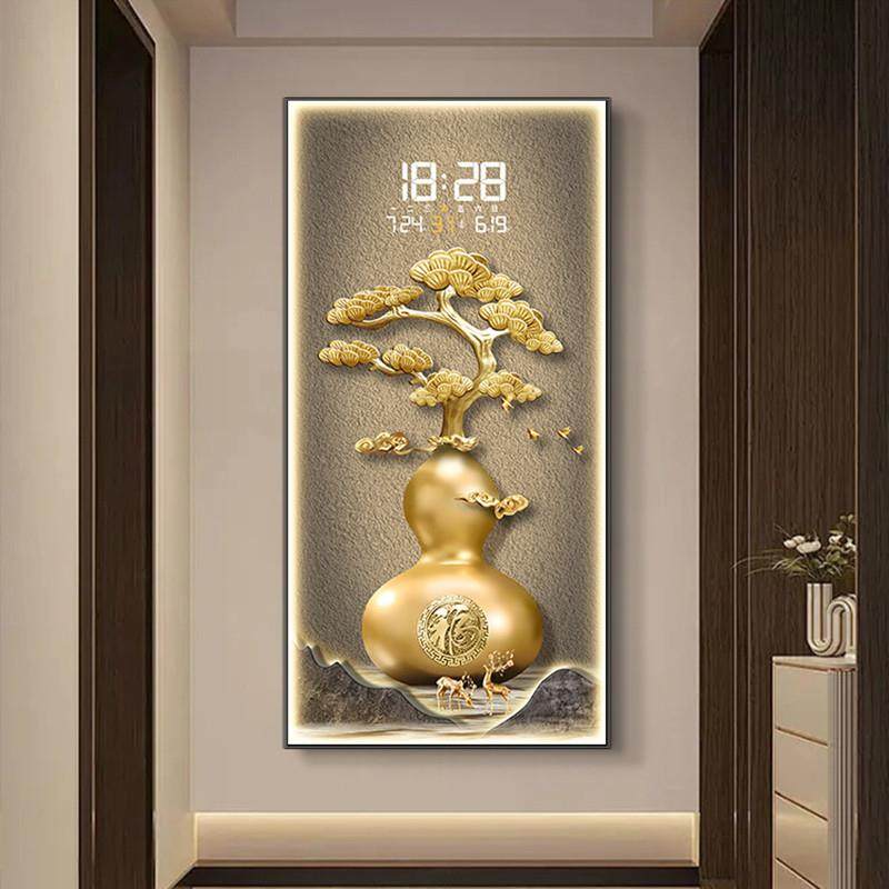 新中式玄关装饰画葫芦灯画创意时钟过道走廊福字壁画人体感应挂钟