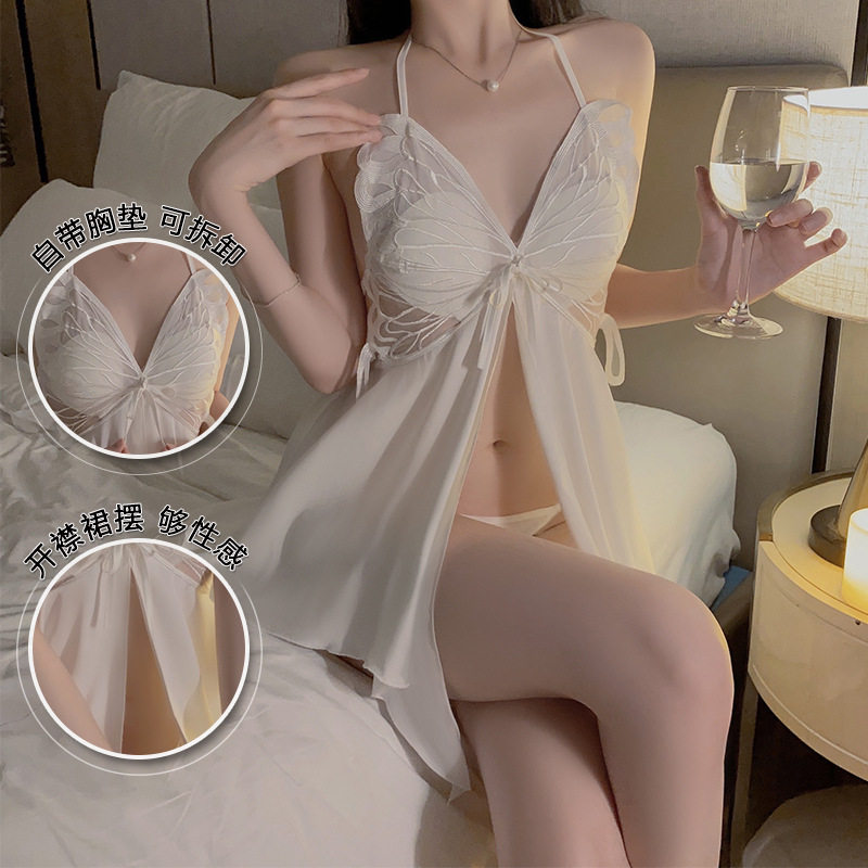 瑰若缎面开襟性感吊带睡衣蝴蝶结加胸垫不规则裙摆睡裙女式套装