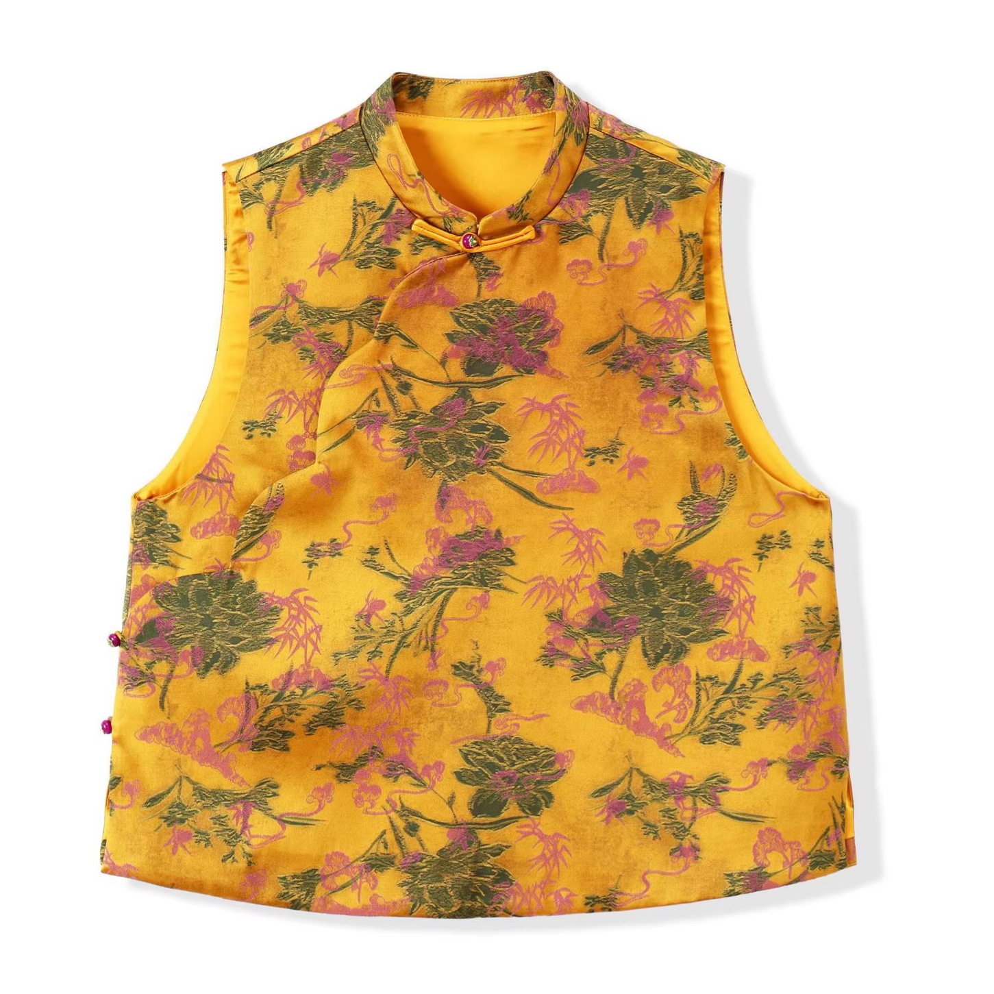 26春新款油丝提花新中式国风立领马甲高贵气质斜襟花边背心上衣女