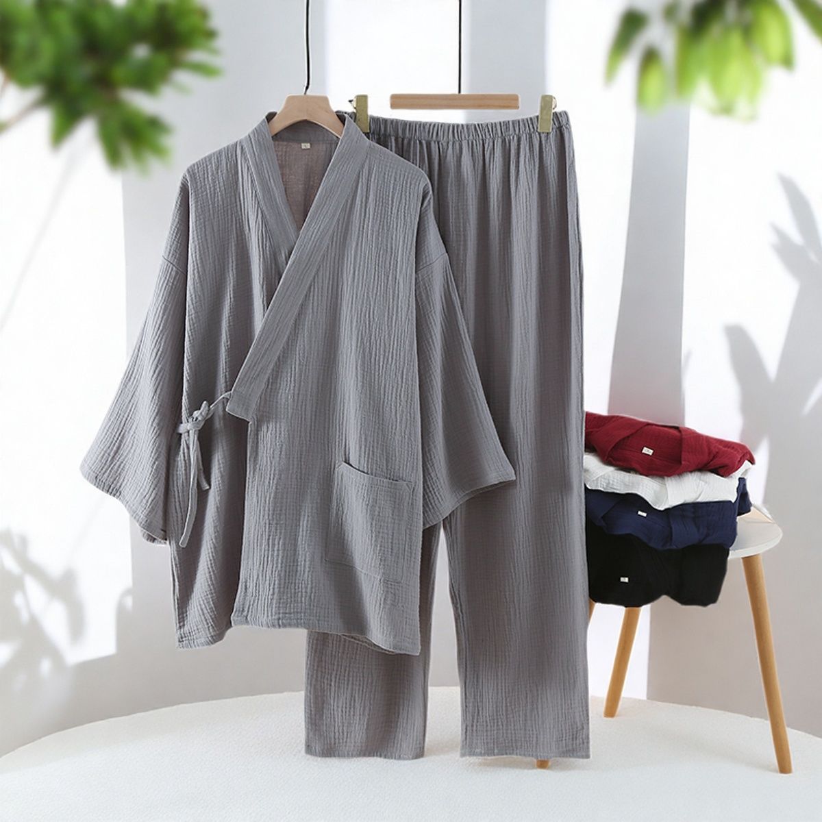 睡衣男士纯棉春秋系带宽松家居服
