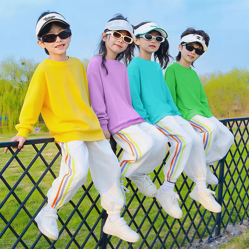 儿童啦啦队演出服糖果色七彩卫衣长袖套装幼儿园啦啦操表演班服