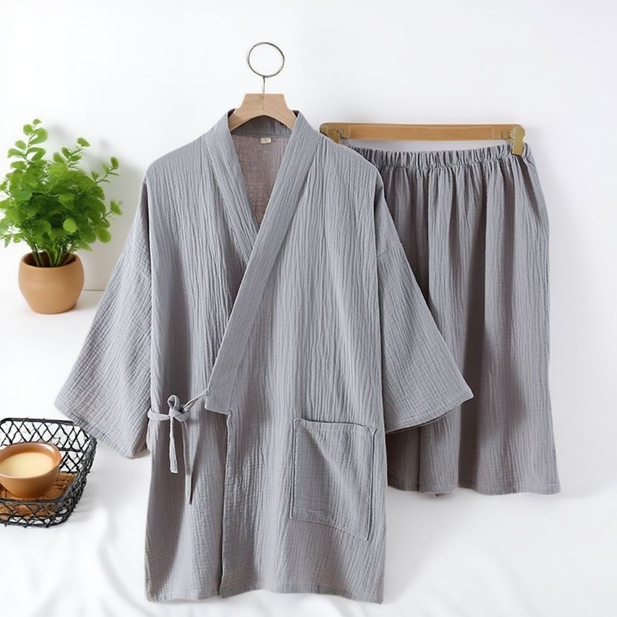 纯棉纱布睡衣男女浴袍夏季系带全棉懒人日式和服汉服家居服两件套