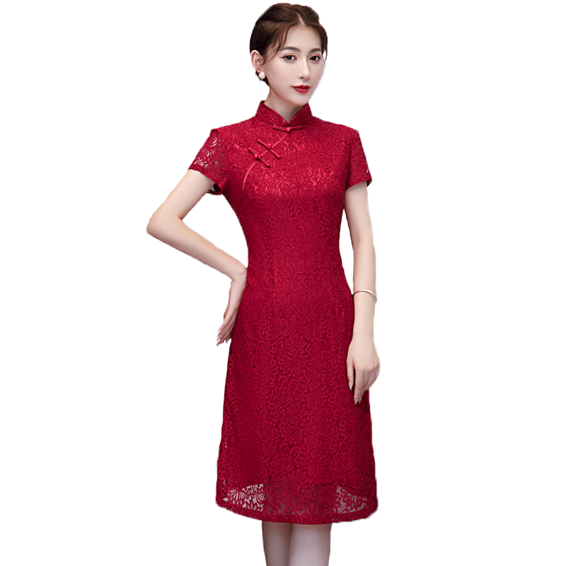 新款裙旗袍改良夏季喜婆婆蕾丝枣红连衣裙婚宴装修身中国风女