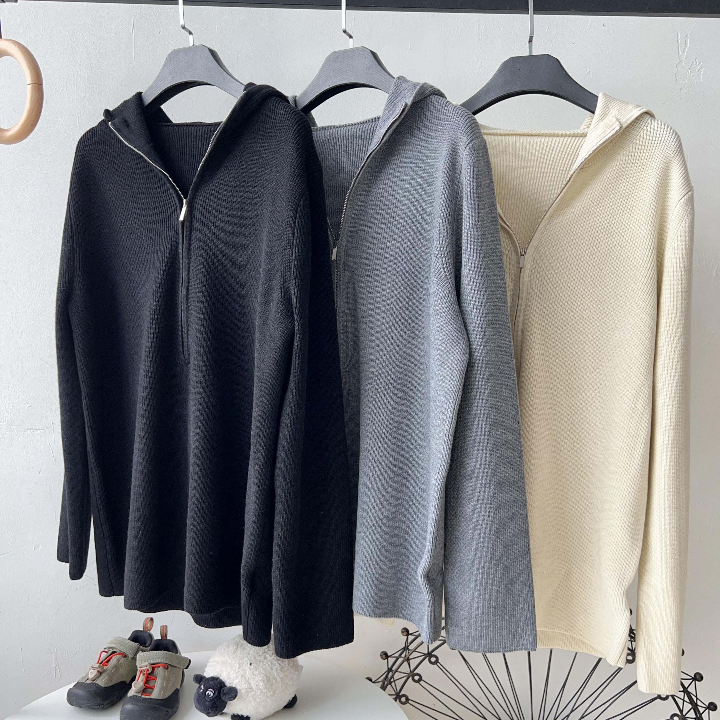 江南同款针织开衫外套女秋休闲慵懒连帽拉链毛衣长袖通勤羊毛衫