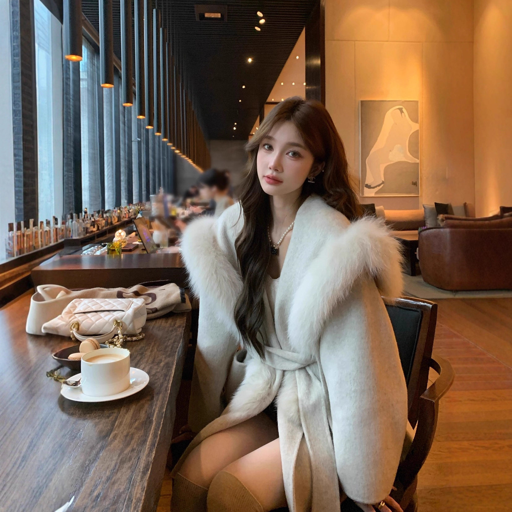 摩卡少女2025秋冬双面羊绒大衣女中长款毛呢外套狐狸毛皮草海军